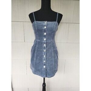Love Tree Medium Blue Button Front Corduroy Spaghetti Strap Summer Mini Dress